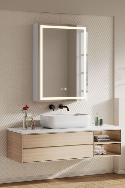 Living and Home Single-Door Bathroom Mirror Cabinet with LED Lighting in Silver - image 1