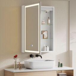 Living and Home Single-Door Bathroom Mirror Cabinet with LED Lighting in Silver - thumbnail 2