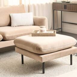 Wyld and Coco Velvet Ottoman Footstool Beige - Pillow-Top Aluminium Legs - thumbnail 1