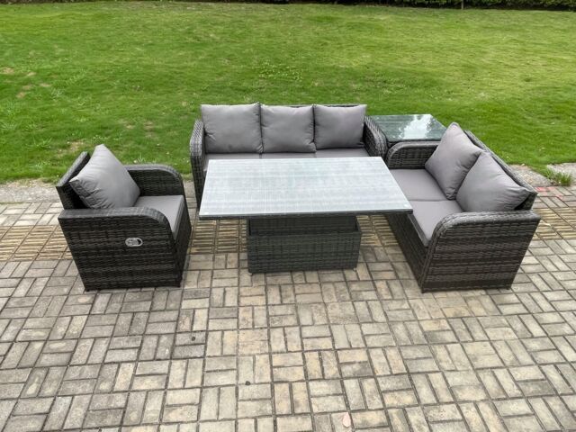 Fimous Outdoor Rattan Furniture Garden Dining Set Patio Height Adjustable Rising lifting Table Reclining Chair Sofa With Side Table Dark Grey Mixed - image 1