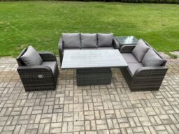 Fimous Outdoor Rattan Furniture Garden Dining Set Patio Height Adjustable Rising lifting Table Reclining Chair Sofa With Side Table Dark Grey Mixed - thumbnail 2