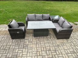 Fimous Outdoor Rattan Furniture Garden Dining Set Patio Height Adjustable Rising lifting Table Reclining Chair Sofa With Side Table Dark Grey Mixed - thumbnail 1