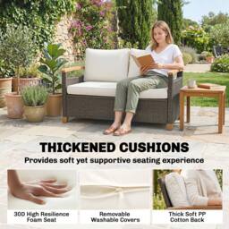 OUTSUNNY 2 Seater Rattan Garden Sofa with Acacia Wood Armrests in Brown - thumbnail 4