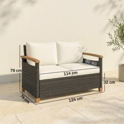 OUTSUNNY 2 Seater Rattan Garden Sofa with Acacia Wood Armrests in Brown - thumbnail 3
