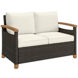 OUTSUNNY 2 Seater Rattan Garden Sofa with Acacia Wood Armrests in Brown - thumbnail 2