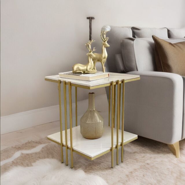 Pirlo Plush 2 Tier Square Faux Marble Side Table Gold - image 1