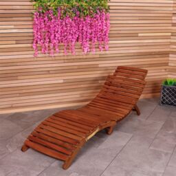 Charles Bentley Large Folding Curved Reclining Wood Sun Lounger Patio Sunbed in Brown - thumbnail 1