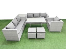Fimous 9-seater Patio 3 Seater Sofa Armchair Set with Side Table 2 Stools in Light Grey - thumbnail 1