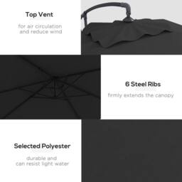 OUTSUNNY 3 m Cantilever Parasol with Cross Base, Crank Handle, 6 Ribs in Black - thumbnail 5
