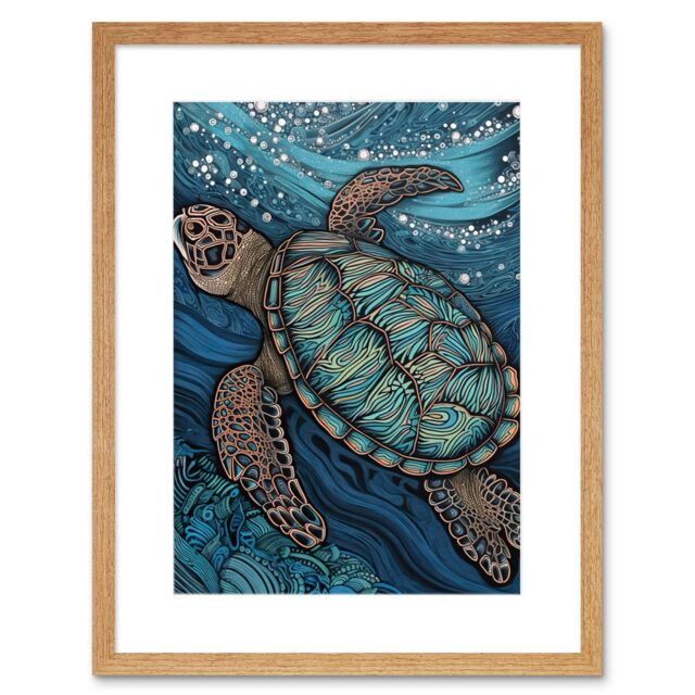 "Artery8 Wall Art Print Vibrant Sea Turtle Swimming Under the Surface Artwork Framed 9X7 Inch in Beige - Size: W7"" x H9""" - image 1