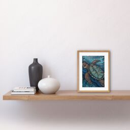 "Artery8 Wall Art Print Vibrant Sea Turtle Swimming Under the Surface Artwork Framed 9X7 Inch in Beige - Size: W7"" x H9""" - thumbnail 2