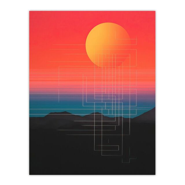 "Wee Blue Coo Wall Art Print Sunset Modern Digital Abstract Mountain Landscape Colour Gradient Painting Poster in Red - Size: W18"" x H24""" - image 1