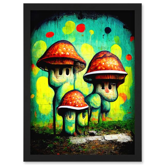 Artery8 Trippy Red Cap Mushroom Houses Street Art Graffiti Mural Artwork Framed Wall Art Print A4 in Black - image 1