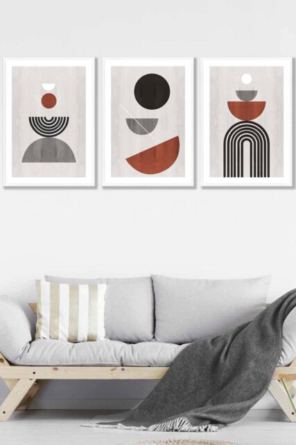 ARTZE Set of 3 White Framed Black Grey Terracotta Abstract Mid Century Geometric Wall Art - Size: W33 cm x H45 cm x D20mm - image 1