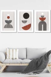 ARTZE Set of 3 White Framed Black Grey Terracotta Abstract Mid Century Geometric Wall Art - Size: W33 cm x H45 cm x D20mm - thumbnail 1