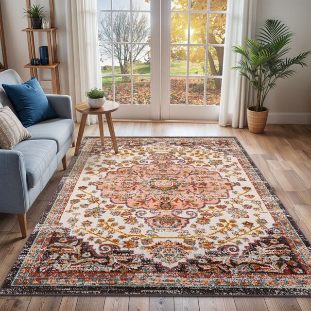 Livabliss Ankara - Vintage Pink Yellow Traditional Boho Living Dining Bedroom Rug in Red - Size: 140 cm x 200 cm - image 1