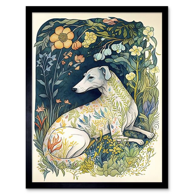 "Artery8 Wall Art Print White Greyhound Dog with Floral Pattern Fur Coat lying in Flower Field Modern Art Framed in Black - Size: W12"" x H16""" - image 1