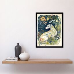"Artery8 Wall Art Print White Greyhound Dog with Floral Pattern Fur Coat lying in Flower Field Modern Art Framed in Black - Size: W12"" x H16""" - thumbnail 2