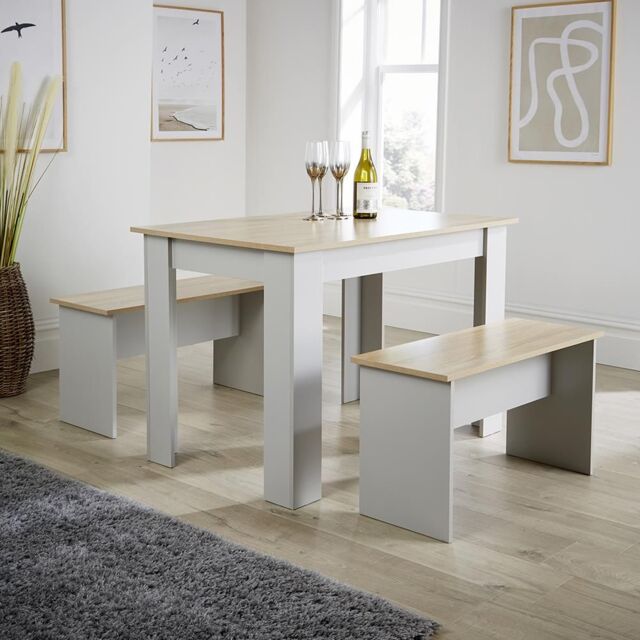 Home Source Dining Set Table Benches Wooden Unit Home Kitchen Seats 4 Two Tone in Grey - image 1