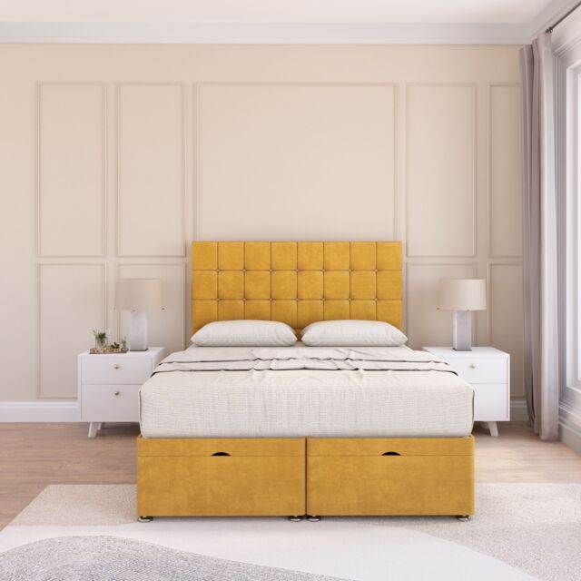 Sloomy Alabama Plush Fabric Ottoman Bed End Opening With Sprung Memory Mattress & 54 Inch Floorstanding Headboard in Gold - Size: King - image 1