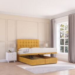 Sloomy Alabama Plush Fabric Ottoman Bed End Opening With Sprung Memory Mattress & 54 Inch Floorstanding Headboard in Gold - Size: King - thumbnail 2