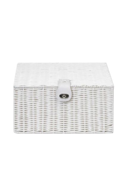 Arpan Resin Woven Storage Basket Box With Lid & Lock-W28cmX D20cmX H12.5cm in White - Size: Small - image 1