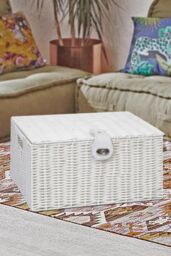 Arpan Resin Woven Storage Basket Box With Lid & Lock-W28cmX D20cmX H12.5cm in White - Size: Small - thumbnail 3