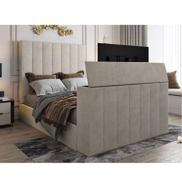 KDMD Vogue Upholstered Soft Velvet Line Pebble Tv Bespoke Bed Frame in Light Sand - Size: Single - image 1