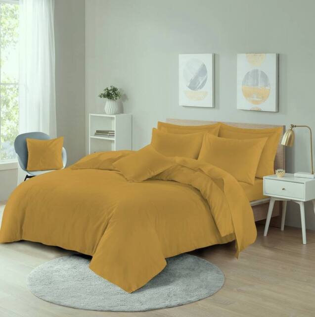 Homes-Linen Plain Dyed Polycotton Duvet Cover Set with Pillowcases in Mustard - Size: Single - image 1