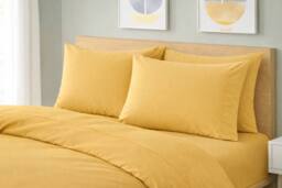 Homes-Linen Plain Dyed Polycotton Duvet Cover Set with Pillowcases in Mustard - Size: Single - thumbnail 2