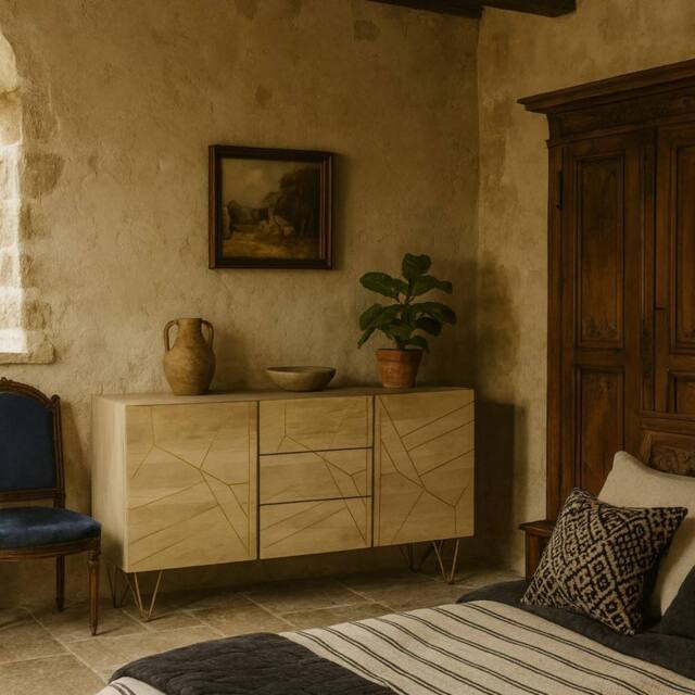 Wyld Haus Bali Extra Large Mango Wood Sideboard Gold Inlays 3 Drawers 2 Doors in Brown - image 1