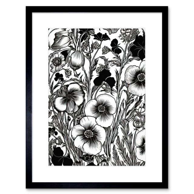 "Artery8 Wall Art Print Black & White Viola Flower Pattern Artwork Framed 9X7 Inch - Size: W7"" x H9""" - image 1