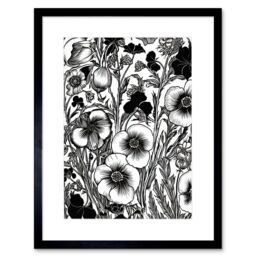 "Artery8 Wall Art Print Black & White Viola Flower Pattern Artwork Framed 9X7 Inch - Size: W7"" x H9""" - thumbnail 1
