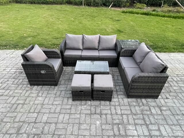 Fimous Patio Garden Furniture Sets Wicker 8 Seater Outdoor Rattan Furniture Sofa Sets with Rectangular Coffee Table Reclining Chair 3 Seater Sofa - image 1
