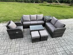 Fimous Patio Garden Furniture Sets Wicker 8 Seater Outdoor Rattan Furniture Sofa Sets with Rectangular Coffee Table Reclining Chair 3 Seater Sofa - thumbnail 2