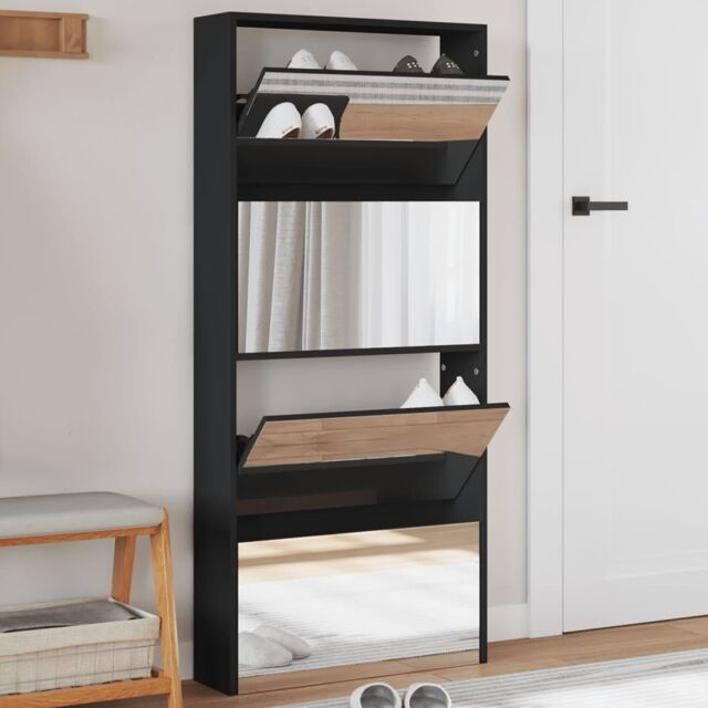 Berkfield Home Shoe Cabinet with Mirror 4-Layer Black 63x17x134 cm - Size: 63 x 17 x 134 cm - image 1