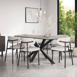 More4Homes Juno Light grey Ceramic Dining Table & 6 Myla Linen Chairs in Beige