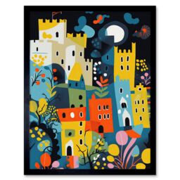 "Artery8 Wall Art Print Nottingham at Night Abstract Folk Art Cityscape Art Framed in Black - Size: W12"" x H16""" - thumbnail 1