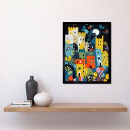 "Artery8 Wall Art Print Nottingham at Night Abstract Folk Art Cityscape Art Framed in Black - Size: W12"" x H16""" - thumbnail 2