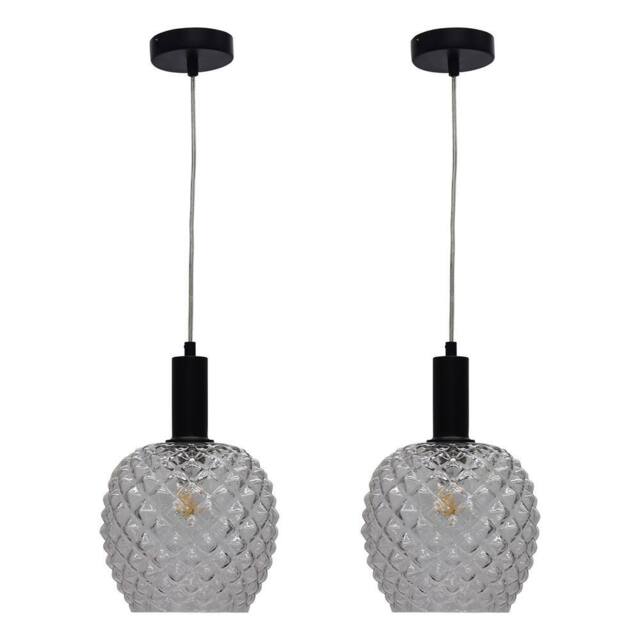 First Choice Lighting Set of 2 Baine - Clear Textured Glass Black Deco Pendant Fittings - image 1