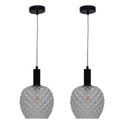 First Choice Lighting Set of 2 Baine - Clear Textured Glass Black Deco Pendant Fittings - thumbnail 1