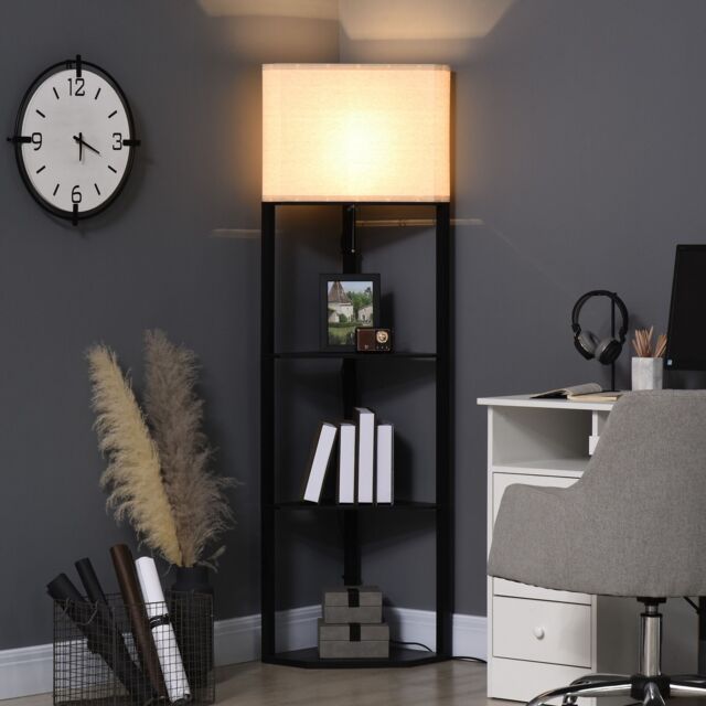 HOMCOM Corner Modern Floor Lamp with Shelves for Living Room, Bedroom in Black - image 1