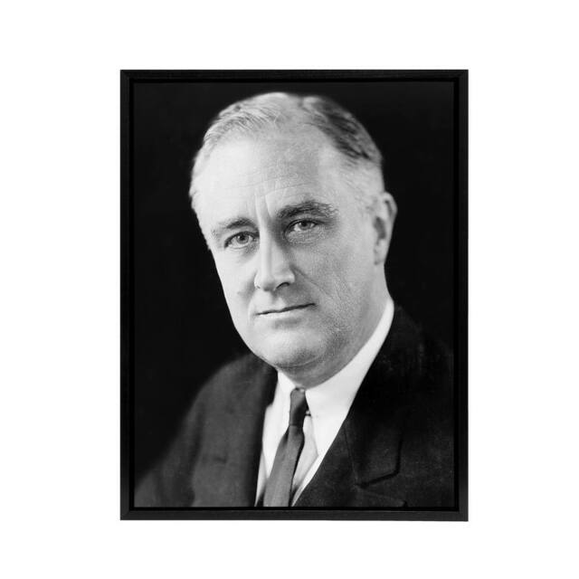 "Artery8 FDR Franklin D Roosevelt US President Framed Canvas Wall Art Print in Grey - Size: W12"" x H16""" - image 1