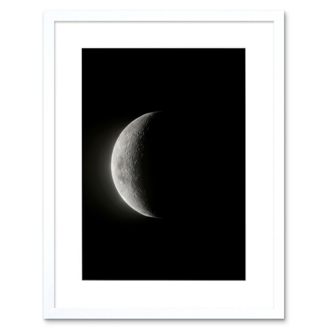 "Artery8 Wall Art Print Lunar Phases Moon Waning Crescent Space Astronomy Artwork Framed 9X7 Inch in White - Size: W7"" x H9""" - image 1