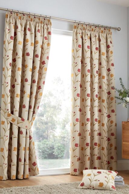 Curtina 'Juliette' Floral Jacquard Fully Lined Pair of Pencil Pleat Curtains in Red - Size: 168 cm width x 137 cm drop - image 1