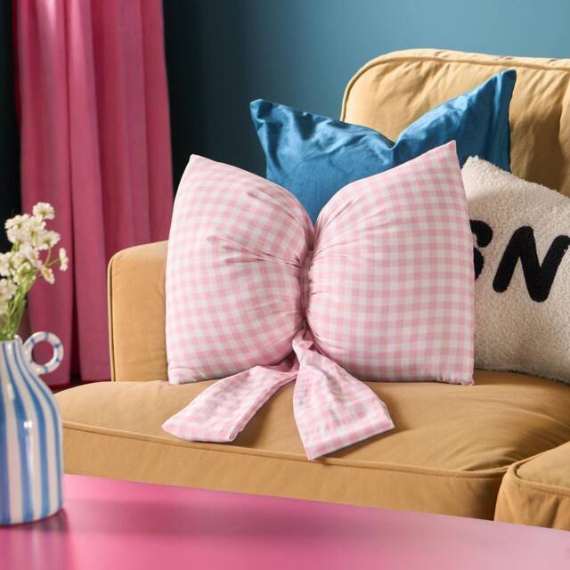 OHS Gingham Bow Shaped Filled Scatter Cushion Decorative Throw Pillow in Pink - image 1