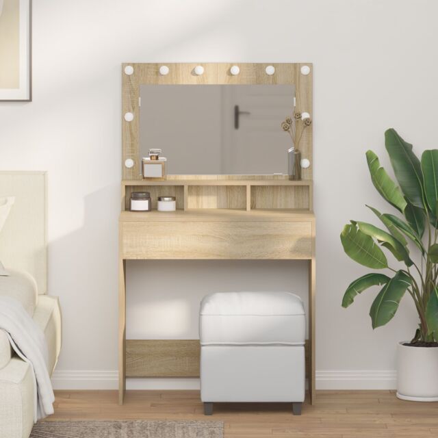 Berkfield Home Dressing Table with LED Lights in Sonoma Oak - 79x41x135 cm in Brown - Size: 79 x 41 x 135 cm - image 1