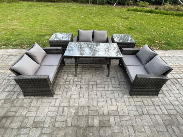 Fimous 6 Seater Wicker PE Rattan Garden Furniture Sets Outdoor Lounge Sofa Set with Oblong Dining Table Double Seat Sofa in Dark Grey - image 1