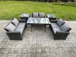Fimous 6 Seater Wicker PE Rattan Garden Furniture Sets Outdoor Lounge Sofa Set with Oblong Dining Table Double Seat Sofa in Dark Grey - thumbnail 1