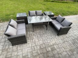 Fimous 6 Seater Wicker PE Rattan Garden Furniture Sets Outdoor Lounge Sofa Set with Oblong Dining Table Double Seat Sofa in Dark Grey - thumbnail 2